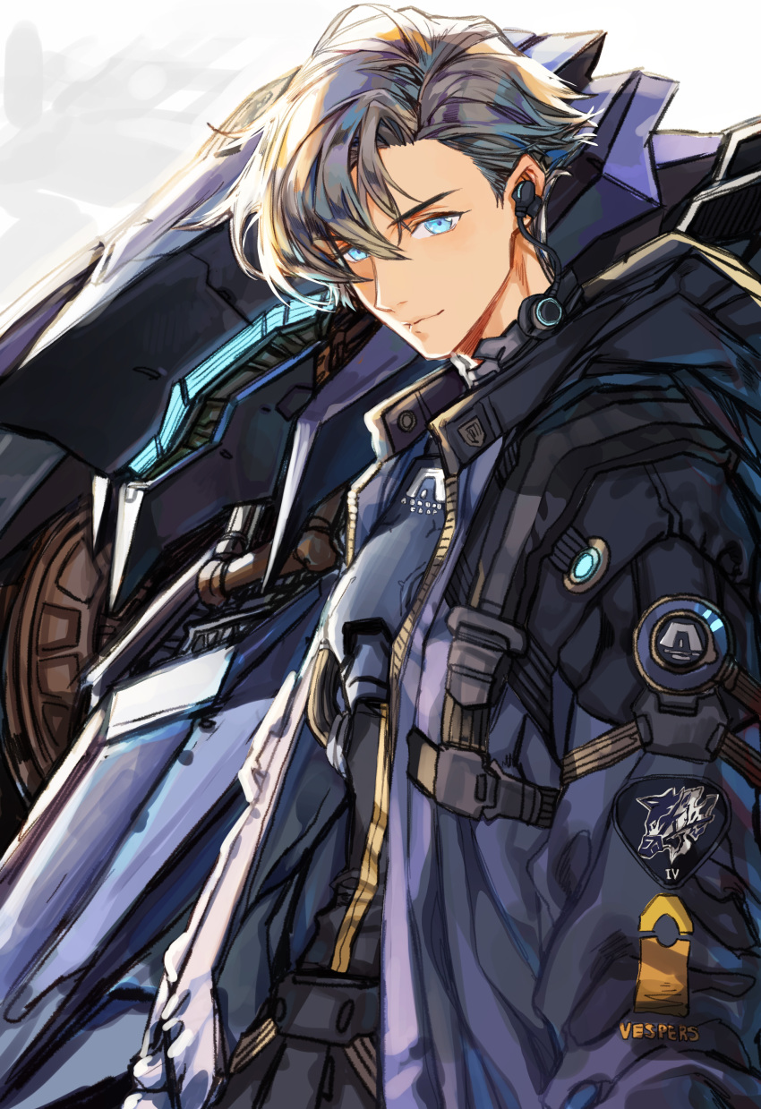 1boy, 1other, absurdres, armored_core, armored_core_6, black_jacket, blue_eyes, blue_jacket