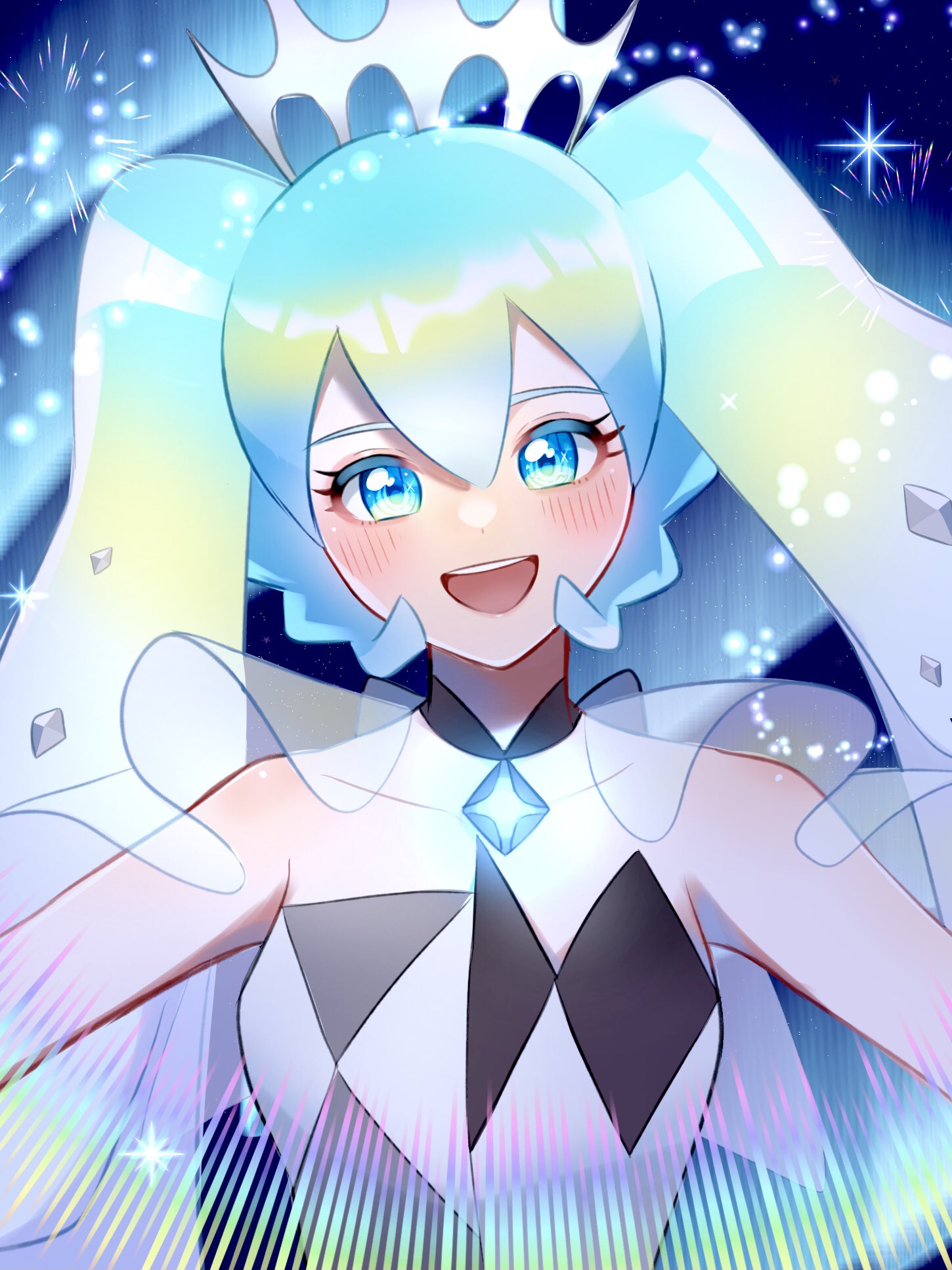 1girl, :d, blue_eyes, blue_gemstone, blush, collarbone, commentary_request, eyelashes