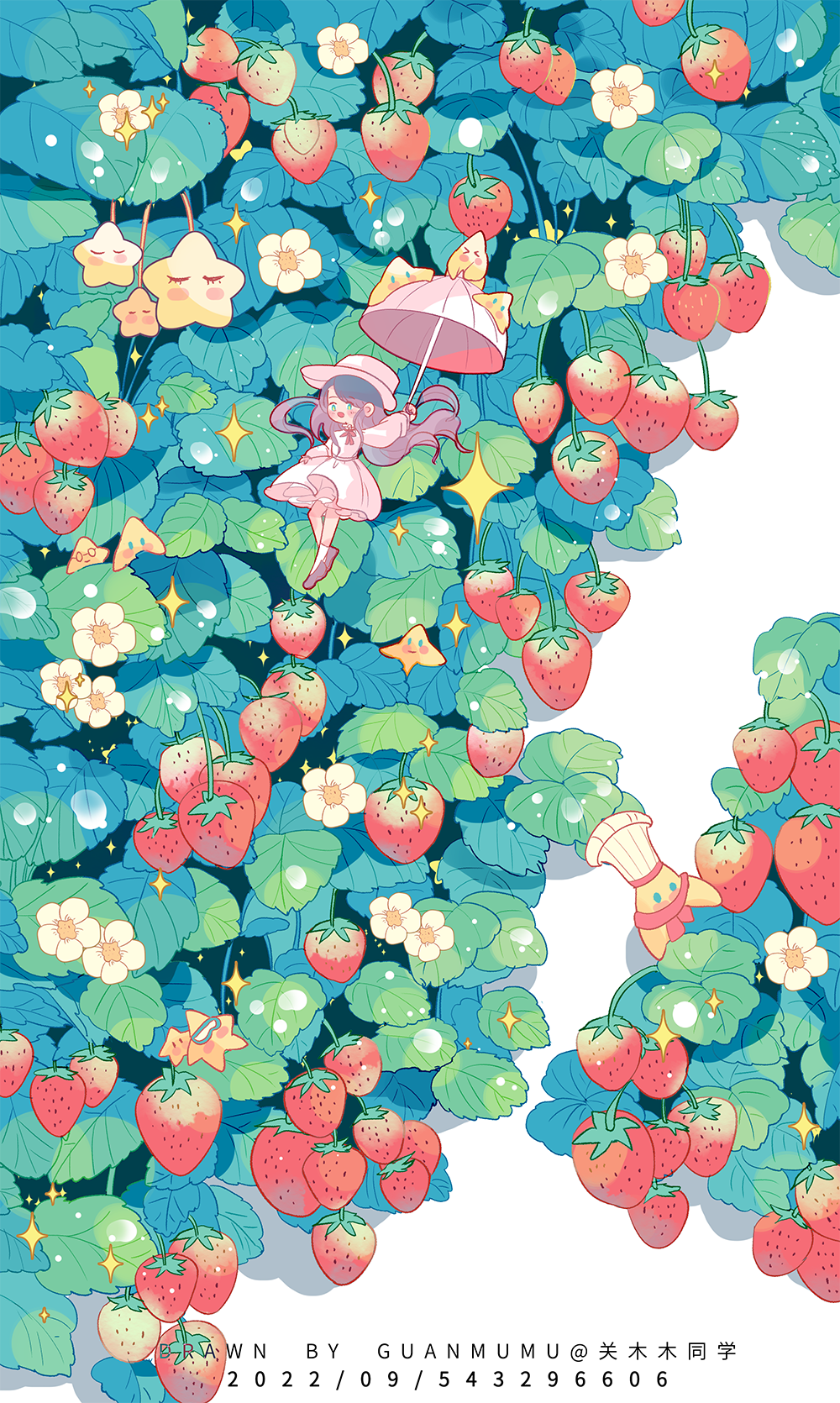 1girl, artist_name, blush_stickers, bow, bowtie, brown_footwear, brown_hair, chef_hat, closed_eyes, collar, collared_dress, creature, dated, dress, english_text, eyelashes, flower, flying, food, frilled_collar, frilled_dress, frills, fruit, green_eyes, guanmumu, hair_lift, hat, highres, holding, holding_umbrella, kneehighs, leaf, long_hair, long_sleeves, open_mouth, original, pink_bow, pink_bowtie, pink_dress, pink_headwear, puffy_long_sleeves, puffy_sleeves, shadow, shoes, short_dress, smile, socks, star_(symbol), strawberry, teeth, umbrella, upper_teeth_only, watermark, white_background, white_flower, white_headwear, white_socks