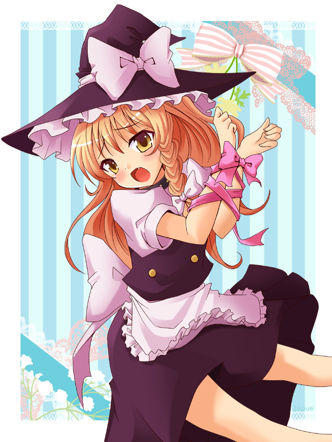blonde_hair, blush, bound_wrists, braid, fang, hat, kirisame_marisa, long_hair