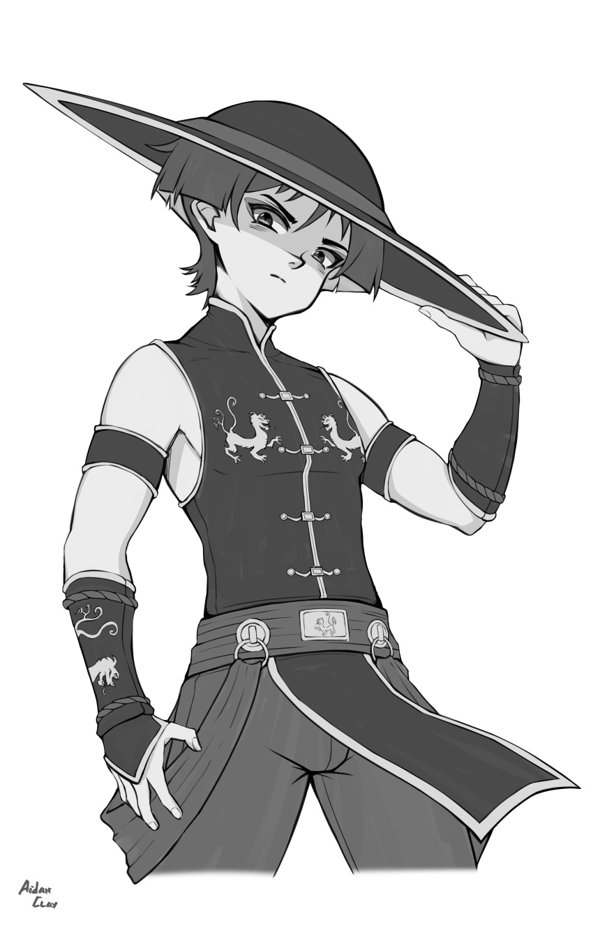 1boy, absurdres, artist_name, artist_request, chinese_clothes, cosplay, genshin_impact, greyscale