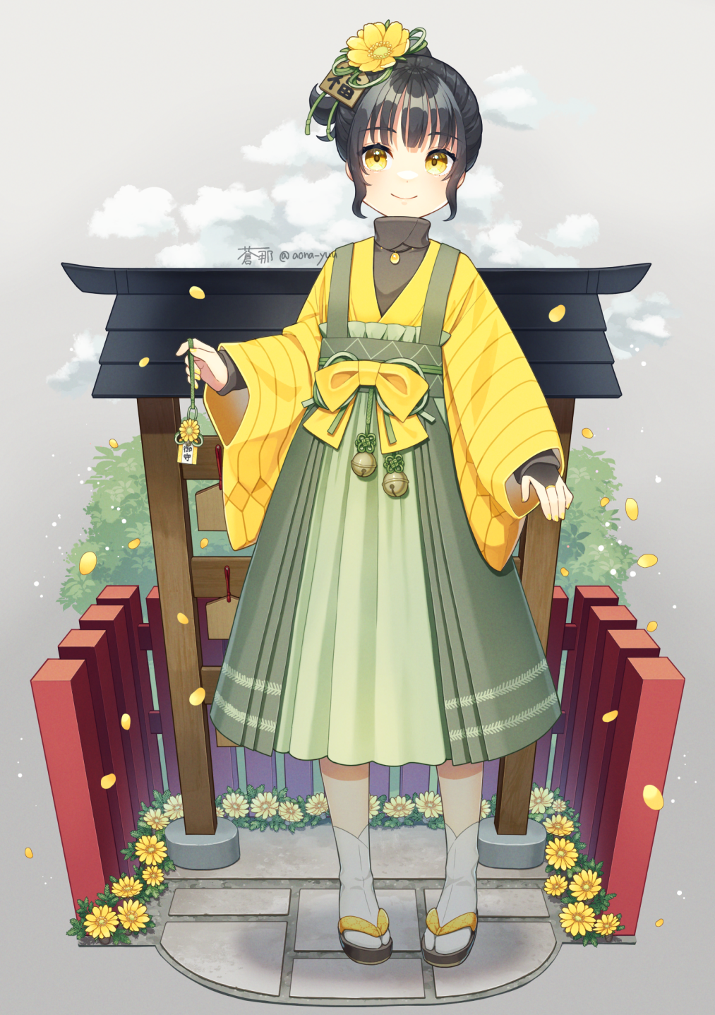 1girl, adonis_(flower), aona_(noraneko), bell, black_bridal_gauntlets, black_hair, black_shirt, bow