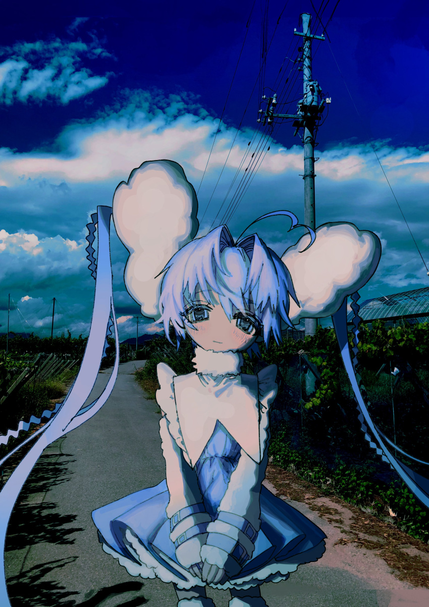 1girl, absurdres, ahoge, blue_dress, blue_eyes, blue_hair, blue_sky, blush