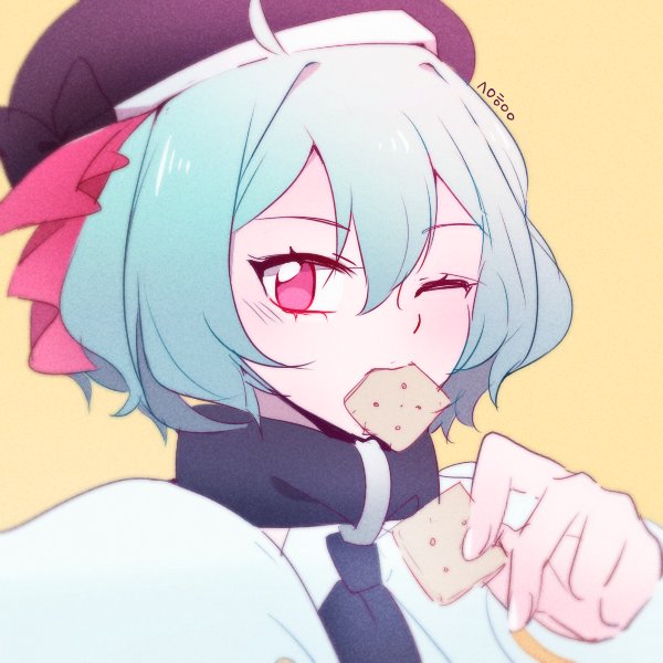 1girl, ahoge, beret, black_headwear, blue_hair, blush, cracker, eating, eversoul, food, hair_between_eyes, hat, heo_yeoeun, holding, holding_food, korean_commentary, light_blue_hair, looking_at_viewer, melfice_(eversoul), necktie, one_eye_closed, red_eyes, ribbon, shirt, short_hair, signature, simple_background, solo, upper_body, white_shirt, yellow_background