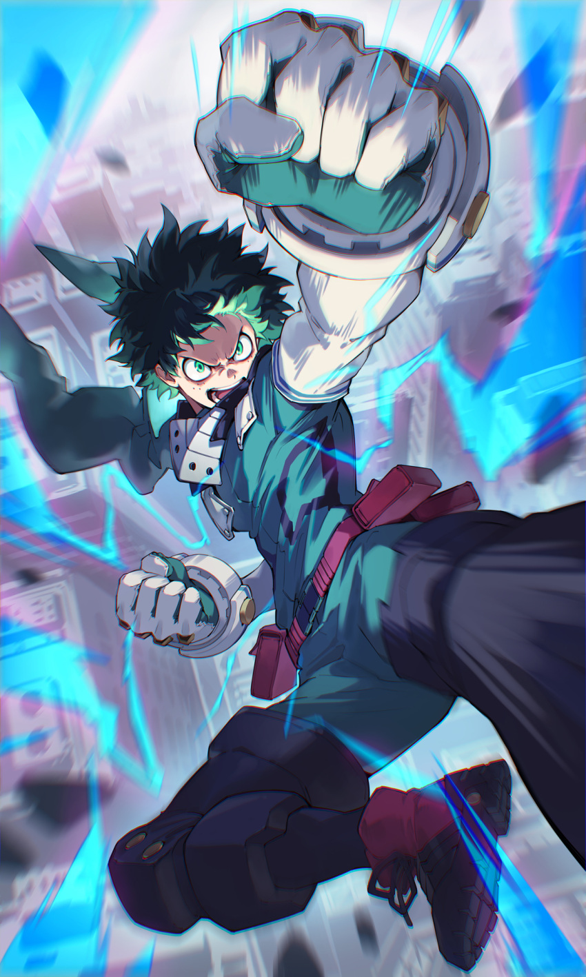 1boy, aqua_bodysuit, aqua_gloves, belt, belt_pouch, blurry, boku_no_hero_academia, chromatic_aberration