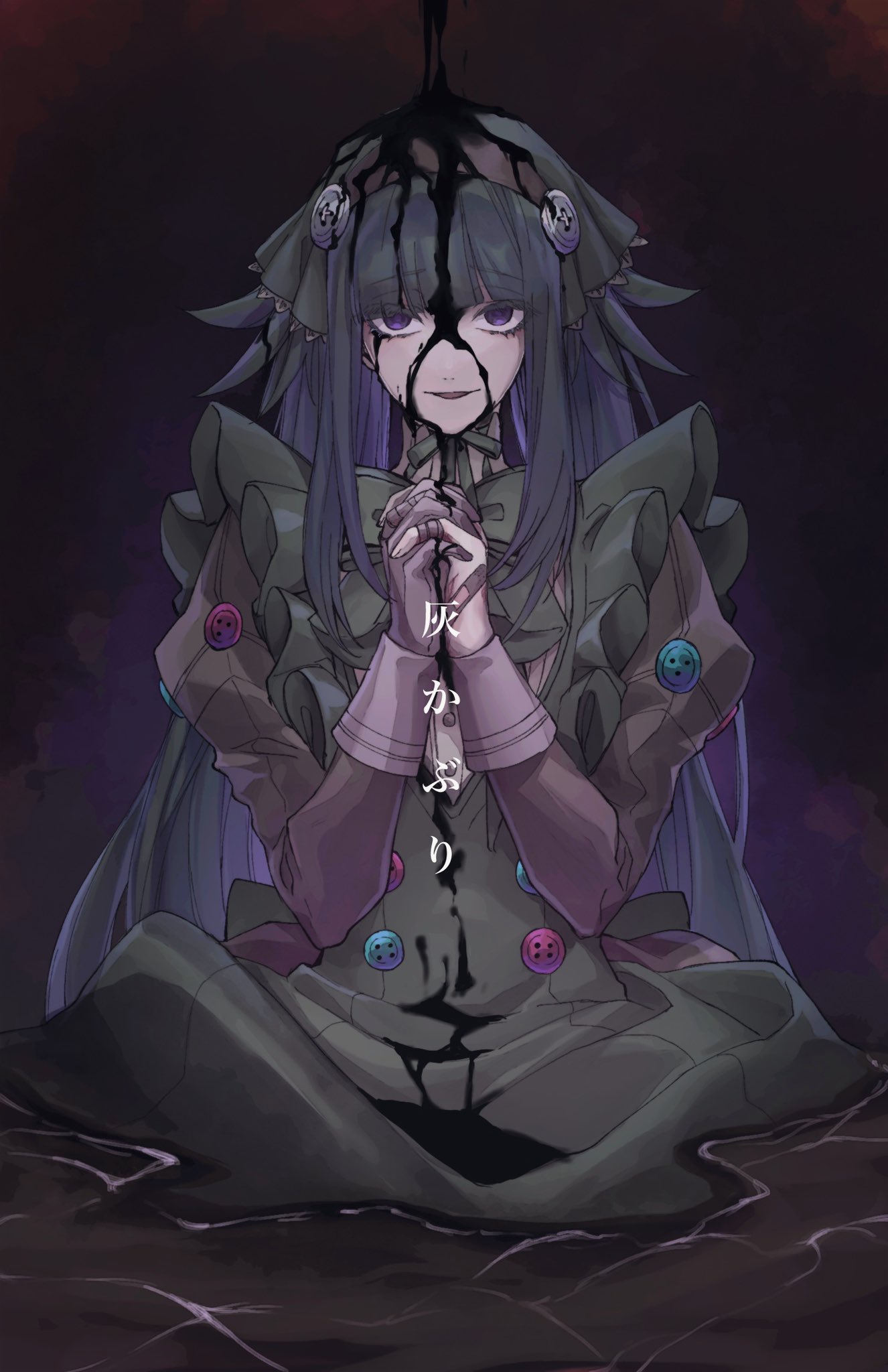 1girl, bandaged_fingers, bandages, bandaid, bandaid_on_hand, black_background, blunt_bangs, bow