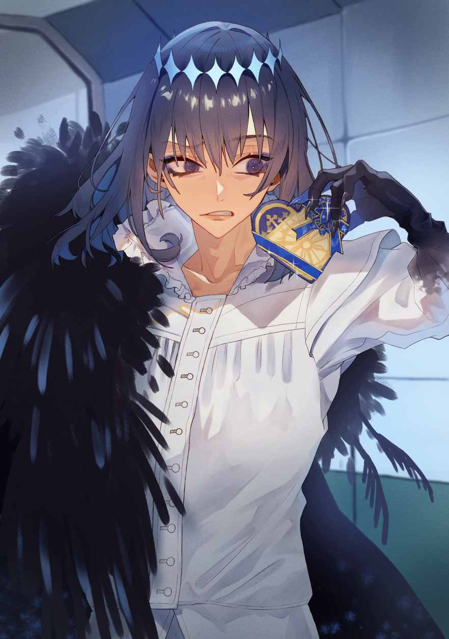 1boy, blue_eyes, claws, collarbone, collared_shirt, diamond_hairband, disgust, dress_shirt