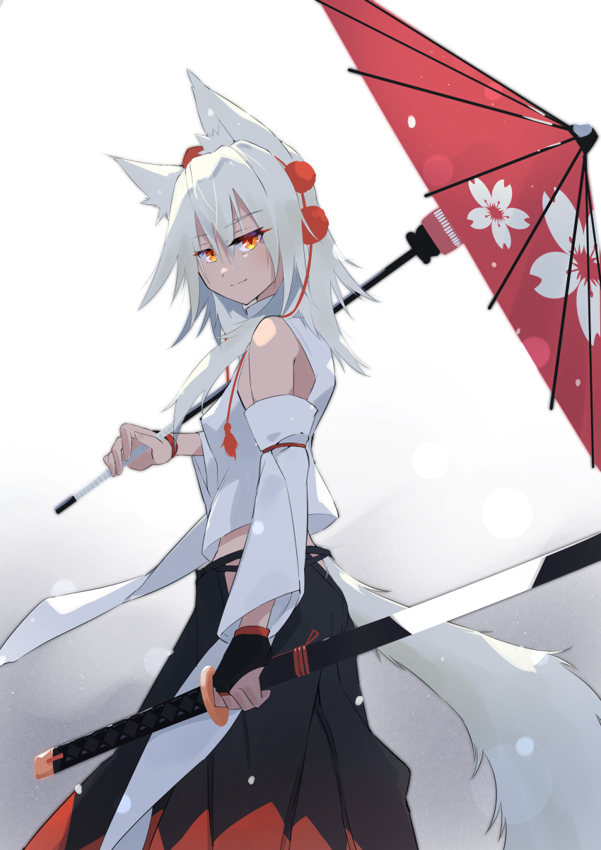 1girl, absurdres, animal_ear_fluff, animal_ears, bare_shoulders, black_hakama, breasts, closed_mouth