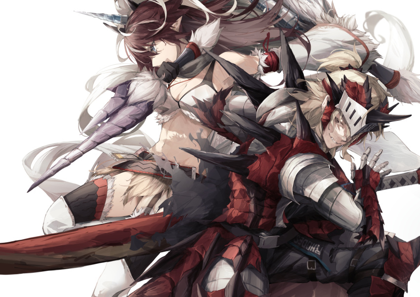 1boy, 1girl, ankoro_mochi, arknights, armor, black_gloves, blonde_hair, blue_eyes, brown_hair, detached_sleeves, dual_wielding, fake_horns, garter_straps, gauntlets, gloves, grey_eyes, highres, holding, horned_headwear, horns, kirin_(armor), kirin_r_yato_(arknights), long_hair, long_sword, midriff, noir_corne_(arknights), pointy_ears, rathalos_(armor), rathalos_s_noir_corne_(arknights), reverse_grip, shoulder_spikes, spikes, thigh-highs, visor_(armor), white_background, yato_(arknights)