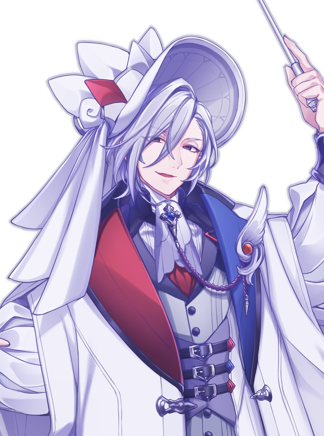 1boy, ascot, asymmetrical_bangs, asymmetrical_clothes, belt, black_belt, black_eyes, bonnet