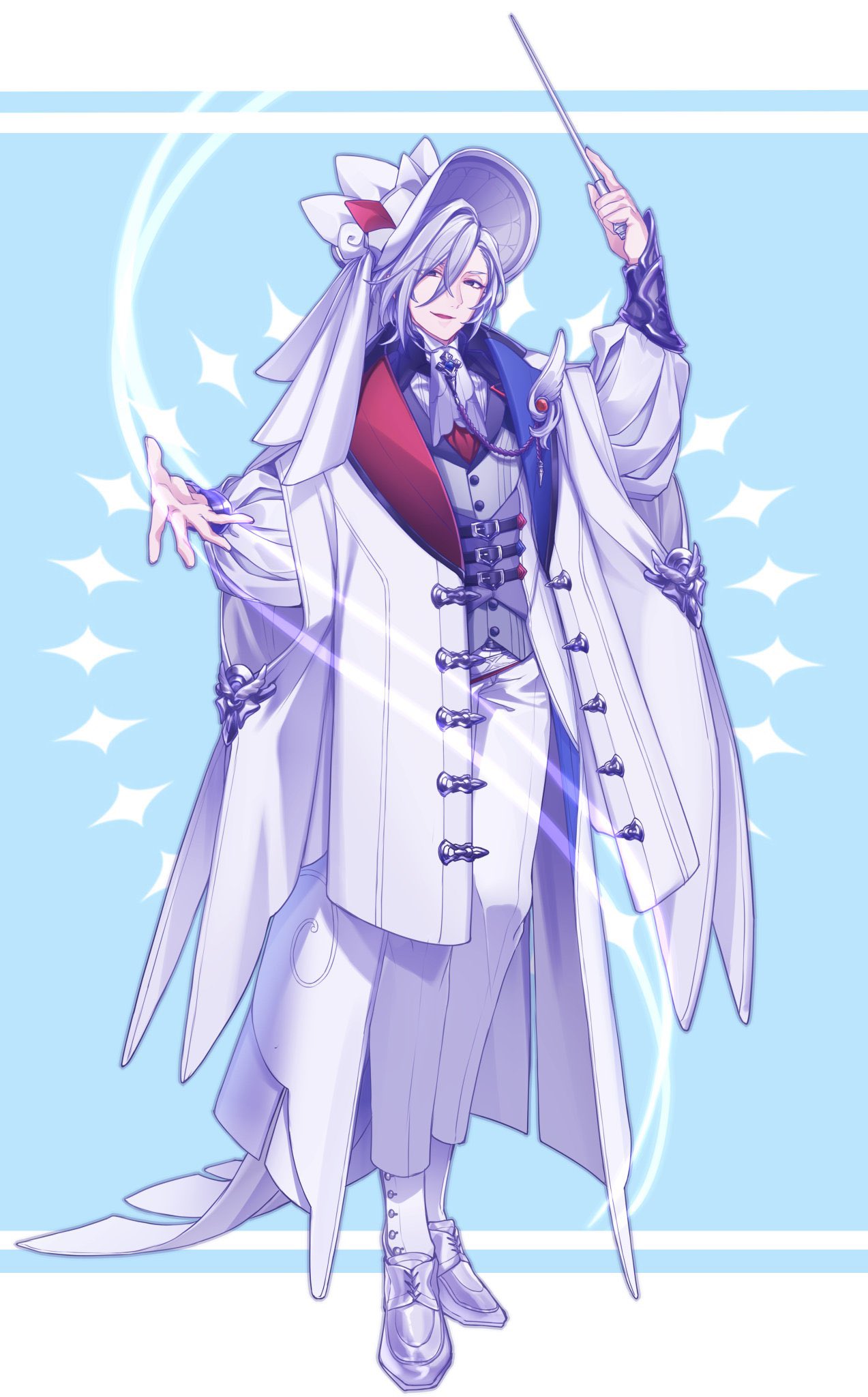 1boy, ascot, asymmetrical_bangs, asymmetrical_clothes, belt, black_belt, black_eyes, blue_background