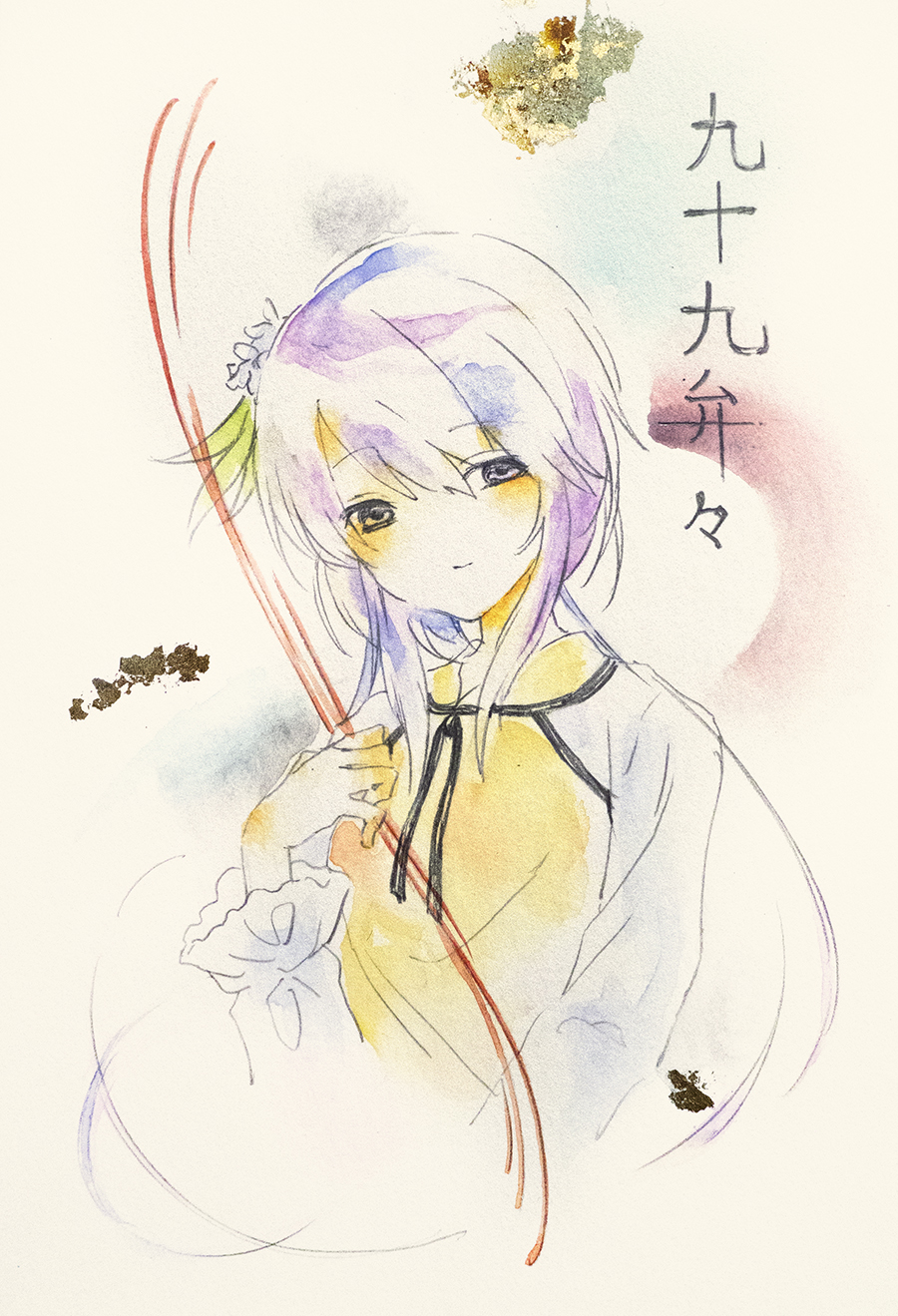 flower, hair_flower_band, highres, ikeda_ruriko, long_hair, looking_at_viewer, medium_hair, painting_(medium), solo, touhou, traditional_media, tsukumo_yatsuhashi, watercolor_(medium), white_flower