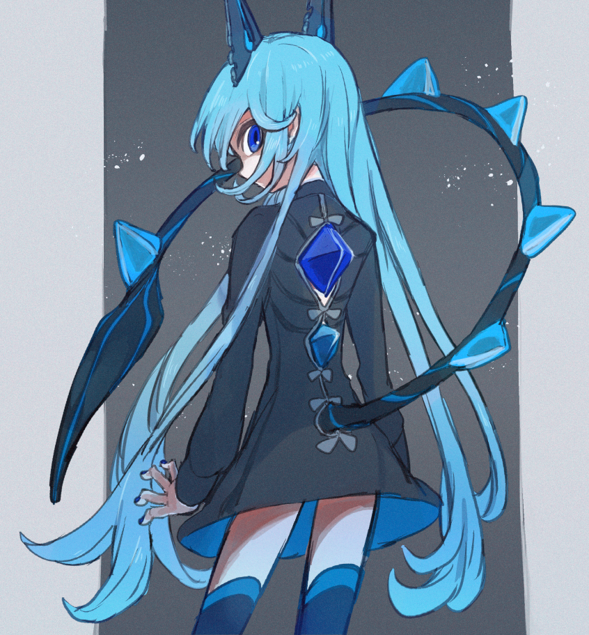 1girl, arms_at_sides, black_coat, blue_eyes, blue_nails, blue_thighhighs, coat, cowboy_shot, demon_horns, demon_tail, facing_away, grey_background, hair_over_mouth, horns, indie_virtual_youtuber, light_particles, long_hair, mikeli_li_(artist), mikeli_li_(vtuber), nail_polish, solo, tail, thigh-highs, very_long_hair, virtual_youtuber