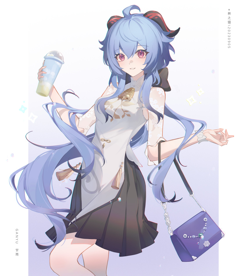 1girl, absurdres, ahoge, bag, bell, black_skirt, blue_hair, blush
