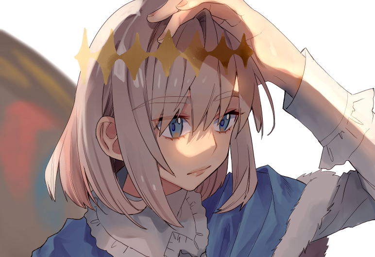 1boy, blue_cloak, blue_eyes, butterfly_wings, cloak, closed_mouth, collared_shirt, diamond_hairband, eyelashes, fate/grand_order, fate_(series), fingernails, frilled_shirt_collar, frills, fur-trimmed_cloak, fur_trim, grey_hair, hand_on_own_head, kujiraoka, long_sleeves, looking_to_the_side, male_focus, oberon_(fate), portrait, shirt, short_hair, simple_background, solo, white_background, white_shirt, wings