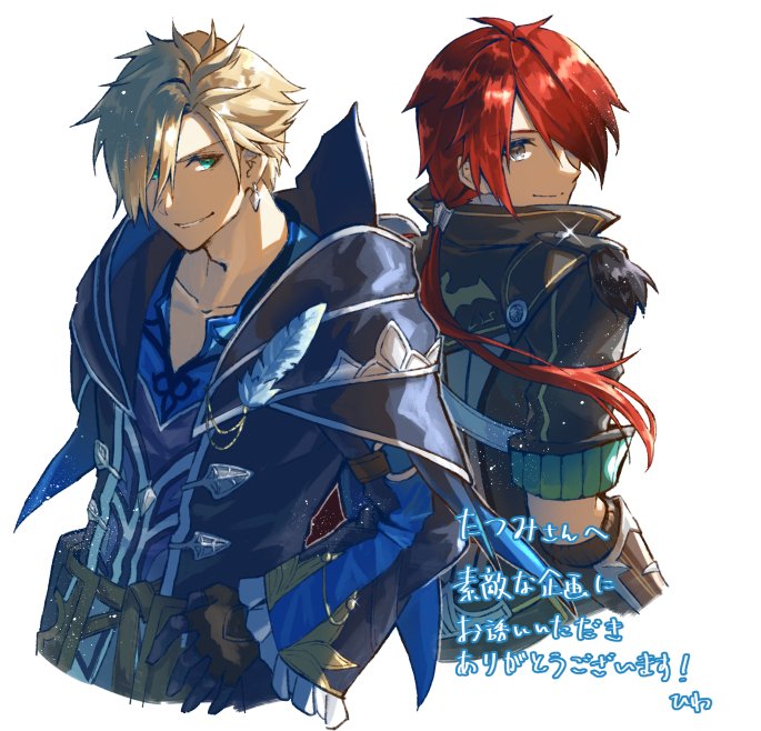 2boys, adol_christin, back-to-back, blonde_hair, blue_eyes, brown_eyes, coat, crimson_king_(ys), earrings, feathers, gloves, hair_over_one_eye, hawk_(ys), jewelry, looking_at_viewer, male_focus, multiple_boys, ponytail, redhead, simple_background, sleeves_rolled_up, swept_bangs, tatsumikkk, white_background, white_feathers, ys, ys_ix_monstrum_nox