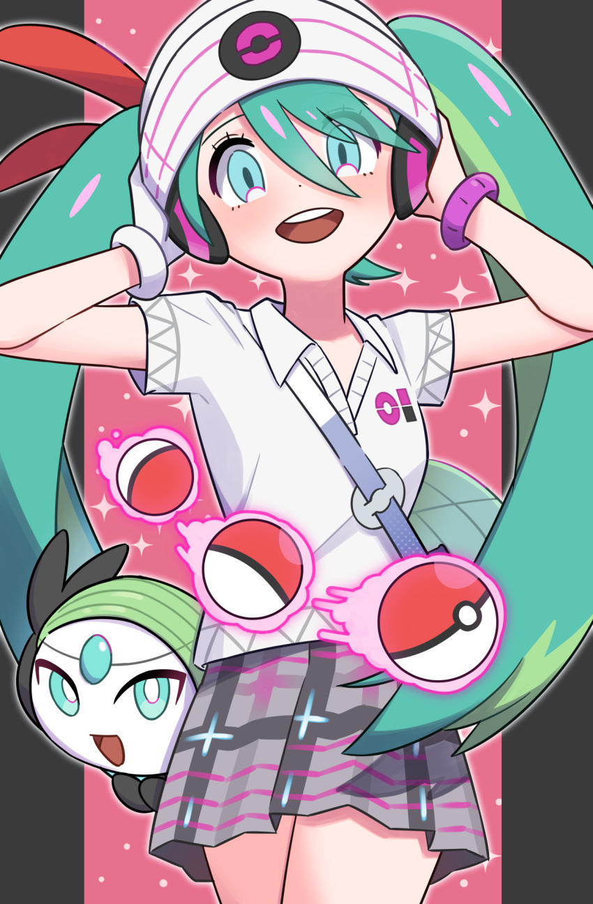 1girl, :d, aqua_eyes, beanie, bracelet, collared_shirt, commentary_request, crossover