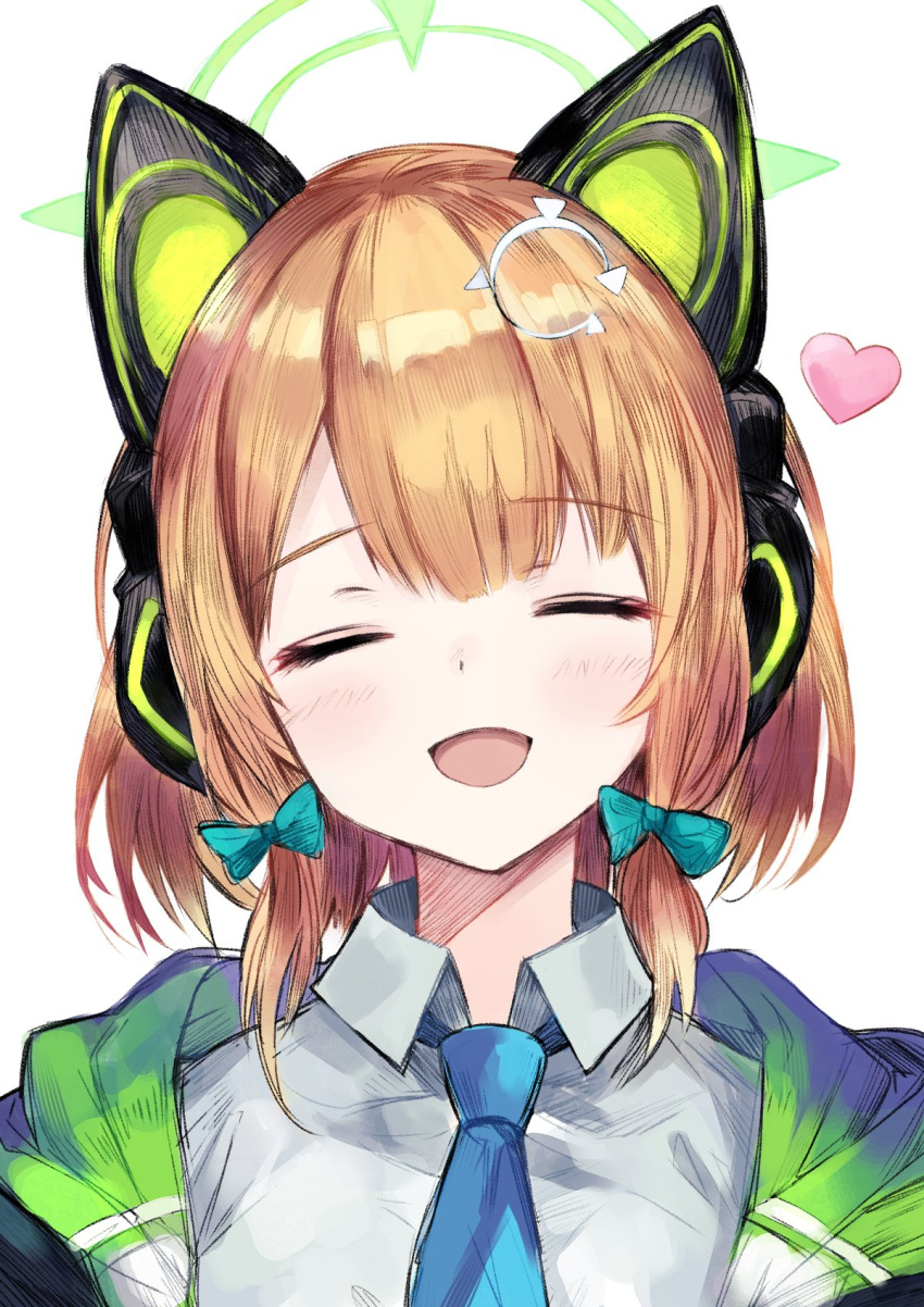 1girl, animal_ear_headphones, animal_ears, aqua_bow, blonde_hair, blue_archive, blue_necktie, blush, bow, collared_shirt, facing_viewer, fake_animal_ears, green_halo, hair_bow, halo, headphones, heart, highres, midori_(blue_archive), monogrbl, necktie, open_mouth, portrait, shirt, short_hair, simple_background, smile, solo, white_background, white_shirt