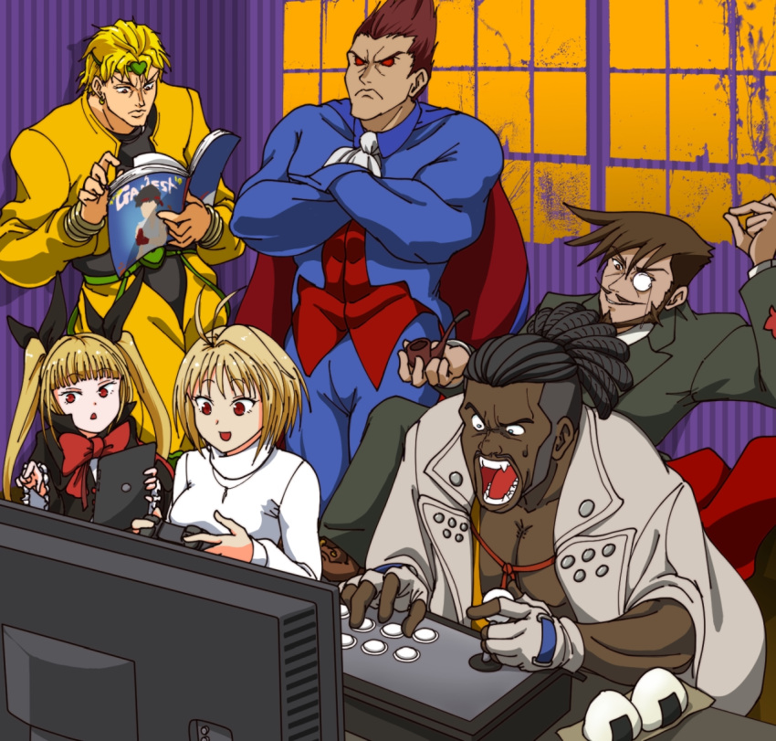 2girls, 4boys, ashiyu_(ashmouautz), controller, copyright_request, crossover, food, game_controller