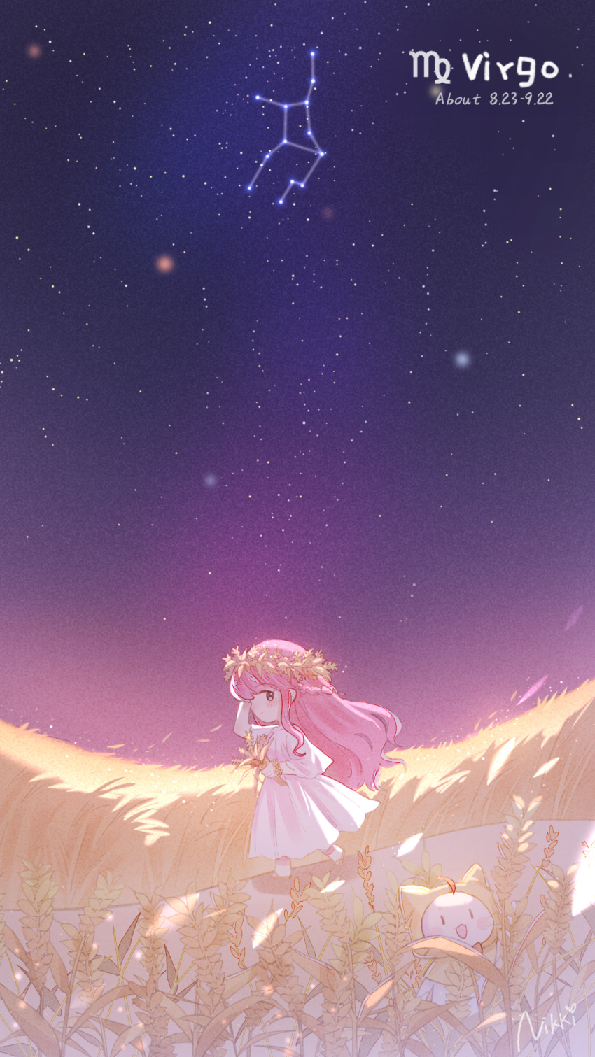 1girl, blush, bouquet, brown_eyes, cat, character_name, copyright_name, crescent_moon