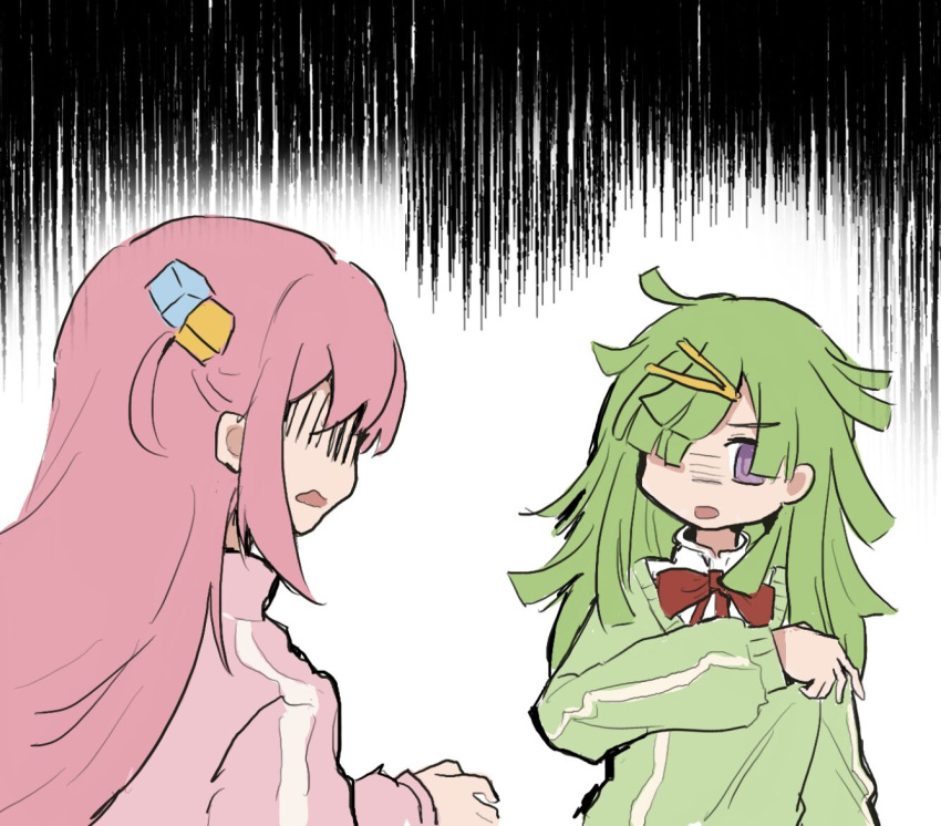 2girls, aki_mabayu, bocchi_the_rock!, bow, commentary_request, crossover, cube_hair_ornament, facing_another