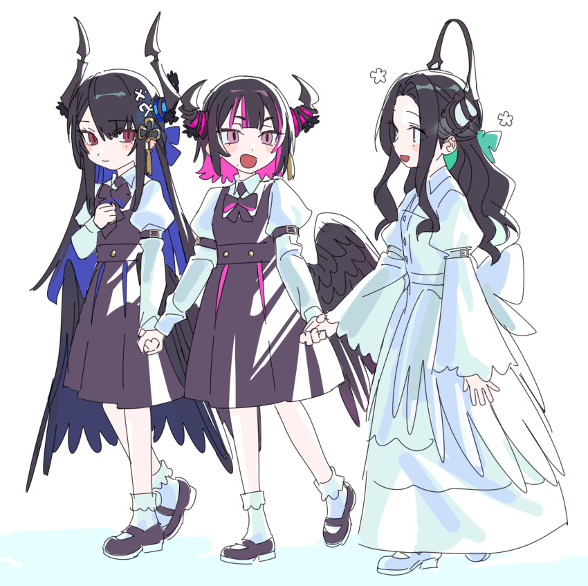 3girls, absurdres, aged_down, anerissa_ravencroft, black_hair, blue_hair, colored_inner_hair, demon_horns, hair_ornament, highres, holding_hands, hololive, hololive_english, horns, long_hair, low_wings, mole, multicolored_hair, multiple_girls, nerissa_ravencroft, oneerissa_ravencroft, open_mouth, pink_eyes, pink_hair, red_eyes, short_hair, siblings, simple_background, sisters, smile, tassel, tassel_hair_ornament, two-tone_hair, virtual_youtuber, white_background, wings, yomosaka