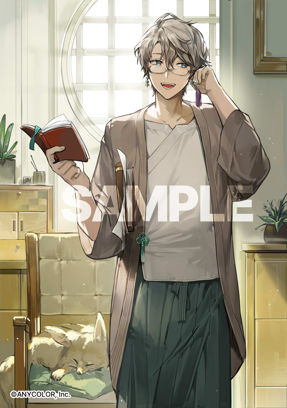 1boy, :d, bespectacled, blue_eyes, bokyo, book, brown_jacket, carrying, carrying_under_arm, chair, copyright, cowboy_shot, cowlick, cushion, drawer, earrings, facing_viewer, flower_knot, fox, glasses, green_hakama, grey_hair, hair_between_eyes, hakama, hand_up, highres, holding, holding_book, indoors, jacket, japanese_clothes, jewelry, kaida_haru, male_focus, mismatched_earrings, nijisanji, notched_neckline, official_art, open_book, open_clothes, open_jacket, paper, picture_frame, plant, potted_plant, round_window, sample_watermark, shirt, short_hair, sideways_glance, sleeves_past_elbows, smile, solo, standing, tassel, tassel_earrings, teeth, virtual_youtuber, white_shirt, window
