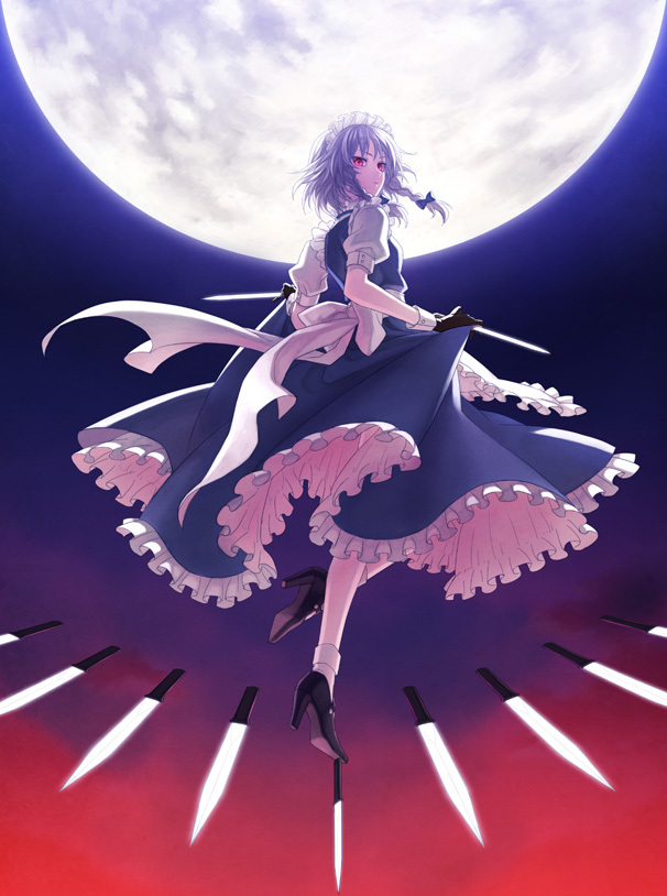 high_heels, izayoi_sakuya, knife, moon, shoes, solo, tea_(pixiv), tea_(retroz), touhou