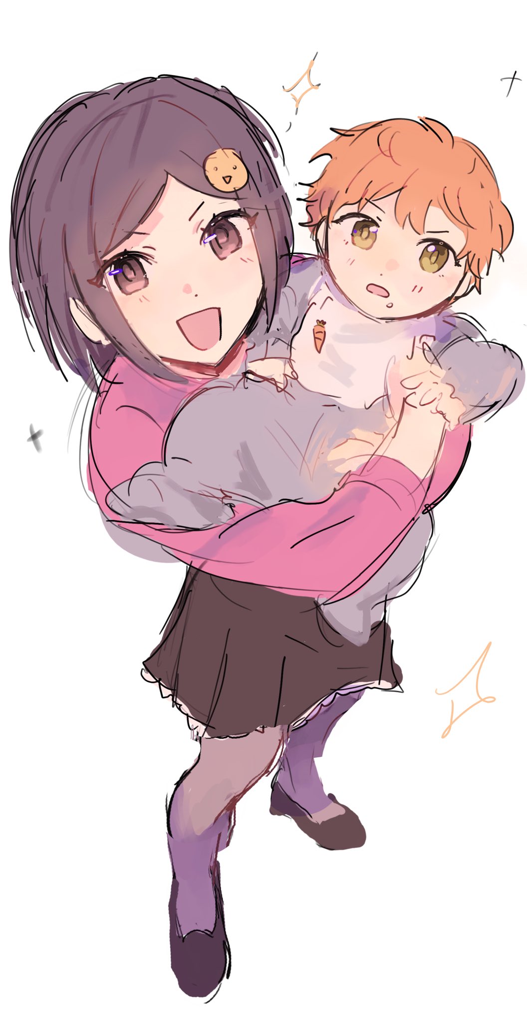 1boy, 1girl, aged_down, baby_carry, brother_and_sister, brown_eyes, carrot, carrying