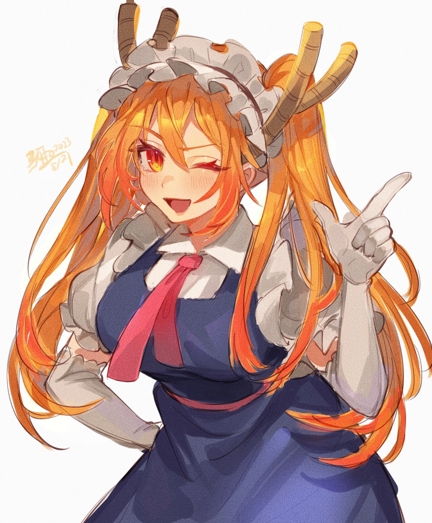 1girl, artist_name, belt, blue_dress, blush, breasts, brown_hairband, collared_shirt, dated, dragon_horns, dragon_tail, dress, elbow_gloves, frilled_hairband, frills, gloves, hair_between_eyes, hairband, hand_on_own_hip, hand_up, highres, horns, index_finger_raised, kobayashi-san_chi_no_maidragon, large_breasts, long_hair, looking_at_viewer, moyu_16y, necktie, one_eye_closed, open_mouth, orange_hair, pink_belt, pink_necktie, puffy_short_sleeves, puffy_sleeves, red_eyes, shirt, short_sleeves, sidelocks, simple_background, smile, solo, standing, tail, tohru_(maidragon), tongue, twintails, white_background, white_gloves, white_shirt