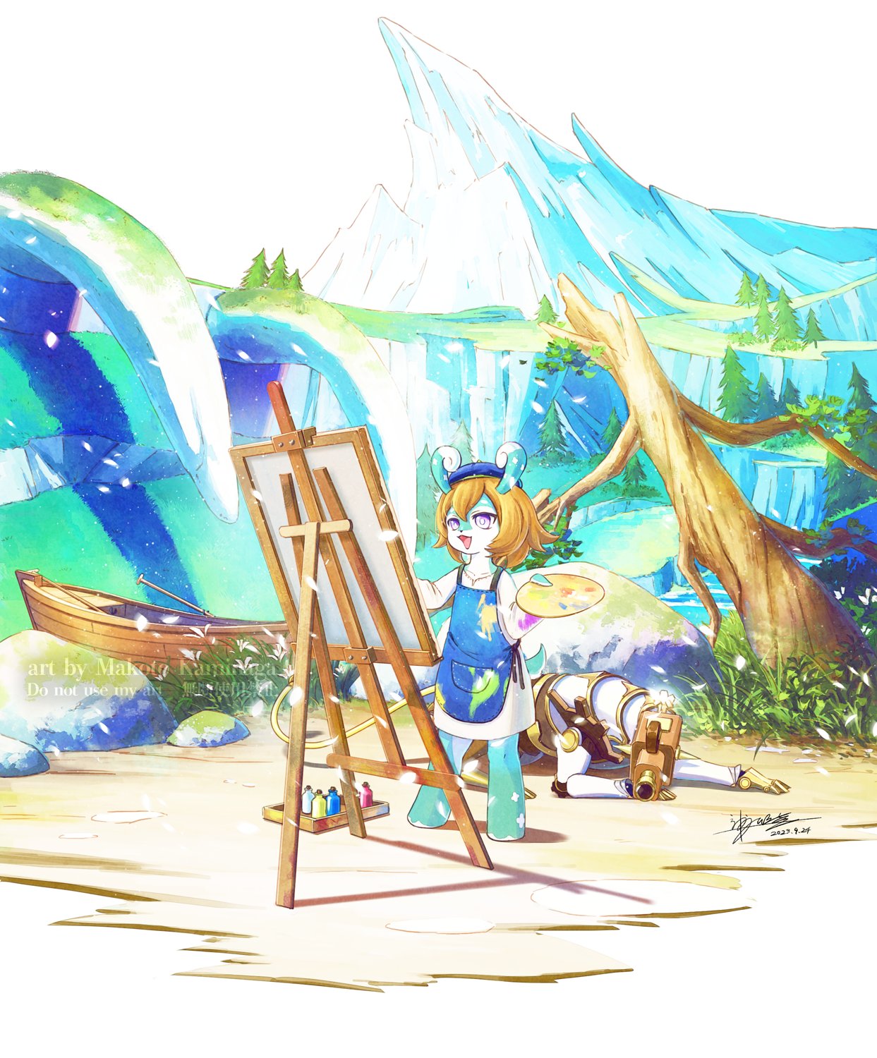 1girl, :d, apron, artist_name, bare_tree, beach, beret, blue_apron, blue_headwear, boat, brown_hair, canvas_(object), cliff, commentary_request, dated, day, dress, easel, genshin_impact, grass, hair_between_eyes, hat, highres, horns, kaminaga_mutsumi, long_sleeves, mamere_(genshin_impact), melusine_(genshin_impact), moss, mountain, non-humanoid_robot, oar, open_mouth, outdoors, paint_on_clothes, painting_(action), palette_(object), pocket, ribs, robot, robot_animal, rock, sand, scenery, seymour_(genshin_impact), short_hair, signature, smile, standing, tree, violet_eyes, water, watercraft, watermark, white_dress