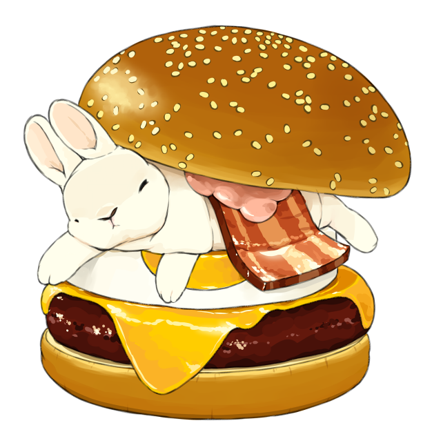animal_focus, bacon, burger, cheese, closed_mouth, commentary, food, food_focus, fried_egg, full_body, heads_together, lilac_(p-f_easy), looking_at_viewer, meat, no_humans, original, rabbit, simple_background, sleeping, solid_oval_eyes, tsukimi_burger, white_background, white_fur