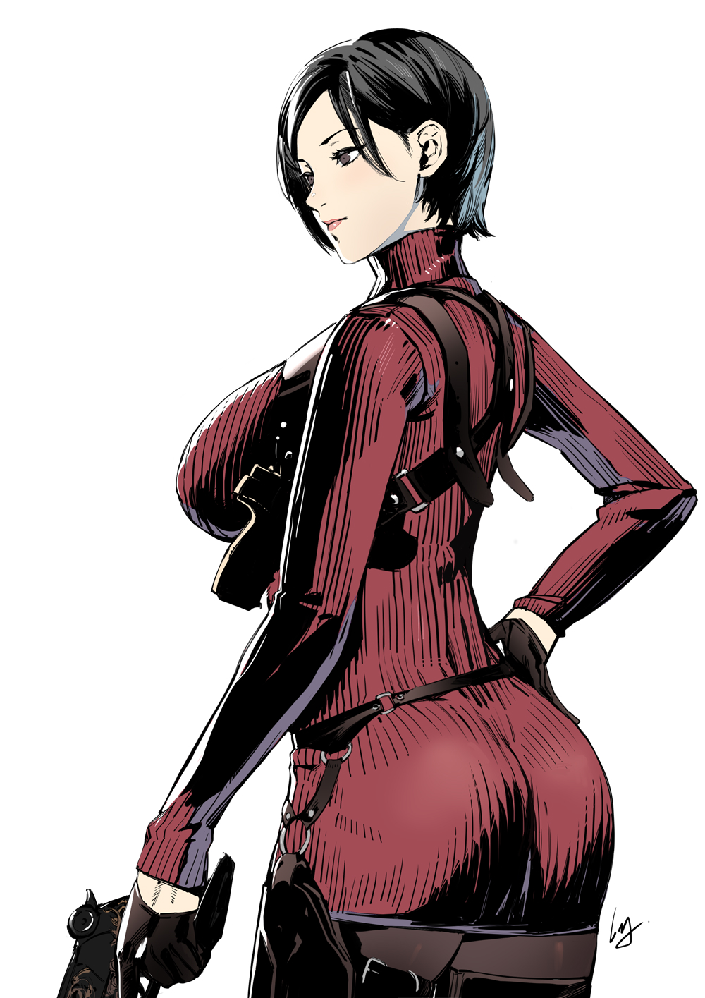 ada_wong, black_hair, bob_cut, breasts, brown_eyes, club3, dress, from_behind, gloves, gun, hair_behind_ear, handgun, highres, holding, holding_gun, holding_weapon, holster, large_breasts, pantyhose, red_dress, resident_evil, resident_evil_2, resident_evil_2_(remake), short_hair, shoulder_holster, solo, turtleneck_dress, weapon, white_background