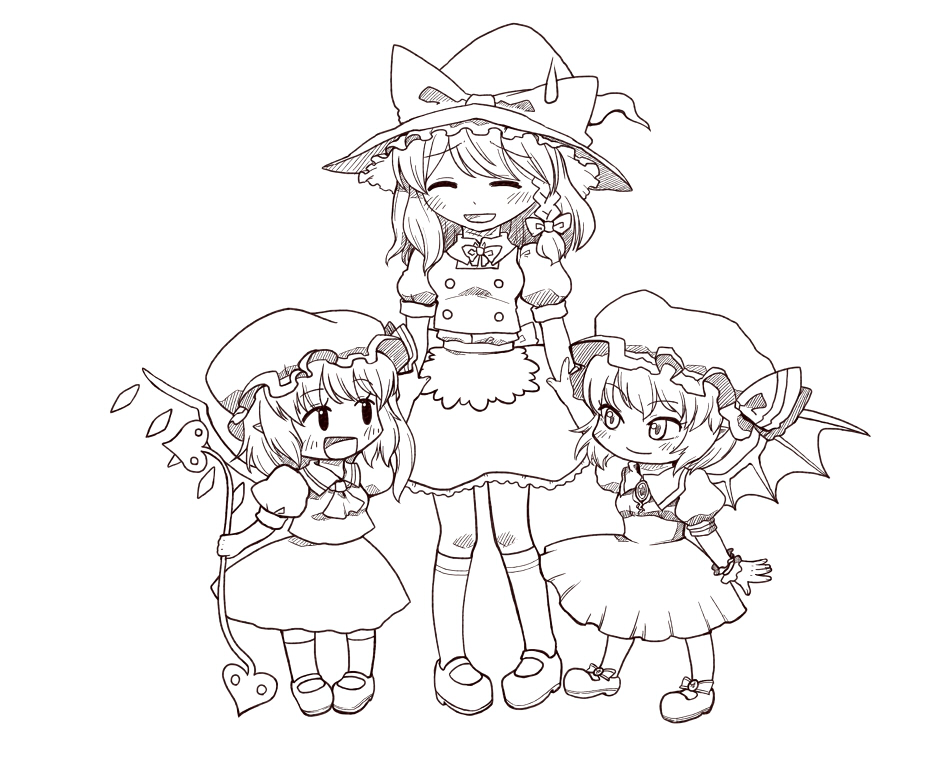 ascot, back_bow, bat_wings, bow, bowtie, braid, breasts, brooch, closed_eyes, closed_mouth, collared_shirt, flandre_scarlet, full_body, hat, hat_bow, hat_ribbon, holding, holding_hands, holding_polearm, holding_weapon, jewelry, kirisame_marisa, laevatein_(touhou), large_bow, lineart, looking_at_another, mary_janes, medium_breasts, medium_hair, mob_cap, nohashi_(travel_frontier), open_mouth, pigeon-toed, pointy_ears, polearm, puffy_short_sleeves, puffy_sleeves, remilia_scarlet, ribbon, shirt, shoes, short_sleeves, single_braid, skirt, small_breasts, socks, standing, sweatdrop, touhou, vest, weapon, wings, witch_hat, wrist_cuffs