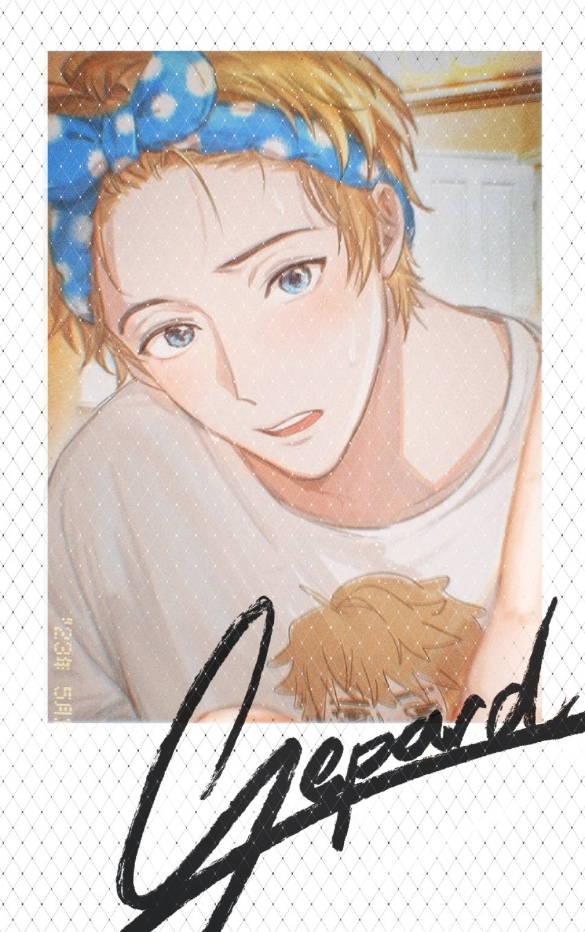 1boy, blonde_hair, blue_eyes, character_name, commentary, gepard_landau, hairband, highres