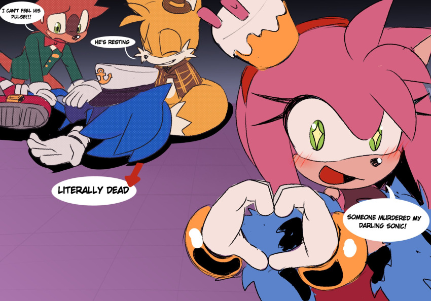 +_+, 1girl, 3boys, amy_rose, anchor_symbol, animal_ears, animal_nose, arrow_(symbol)