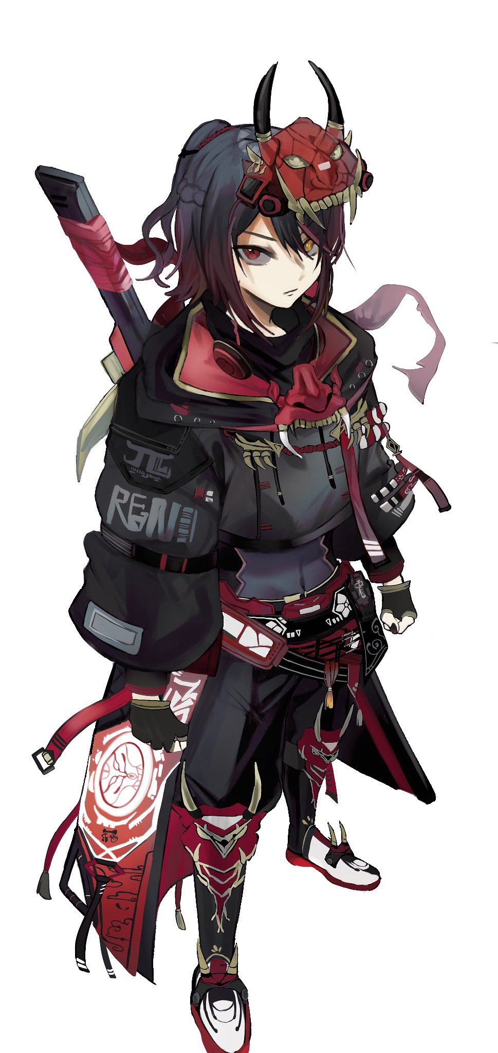 1girl, belt, black_belt, black_coat, black_gloves, black_hair, black_pants, braid, character_name, coat, dow_suitable, drawstring, fingerless_gloves, french_braid, full_body, gloves, gradient_hair, heterochromia, highres, horns, iris_black_games, kisaragi_ren_(vtuber), mask, medium_hair, multicolored_hair, oni_horns, oni_mask, pants, ponytail, red_eyes, redhead, sidelocks, simple_background, solo, standing, swept_bangs, sword, virtual_youtuber, vspo!, weapon, white_background, white_footwear, yellow_eyes