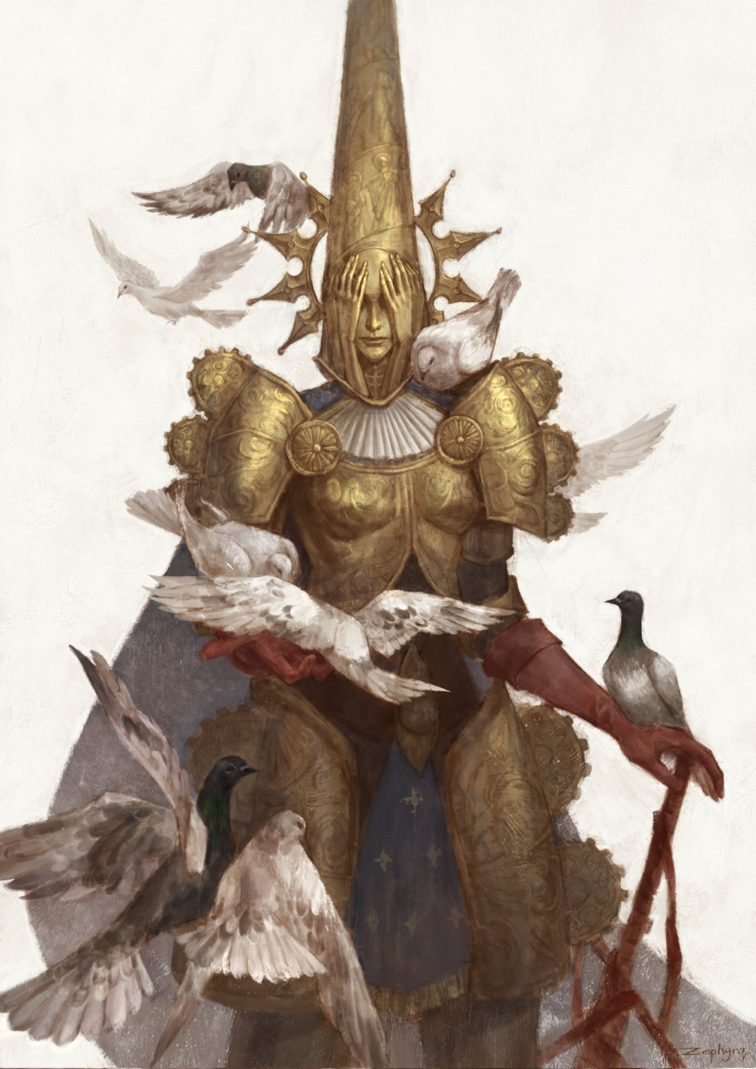 1girl, animal, armor, artist_name, bird, blasphemous, breastplate, brown_gloves