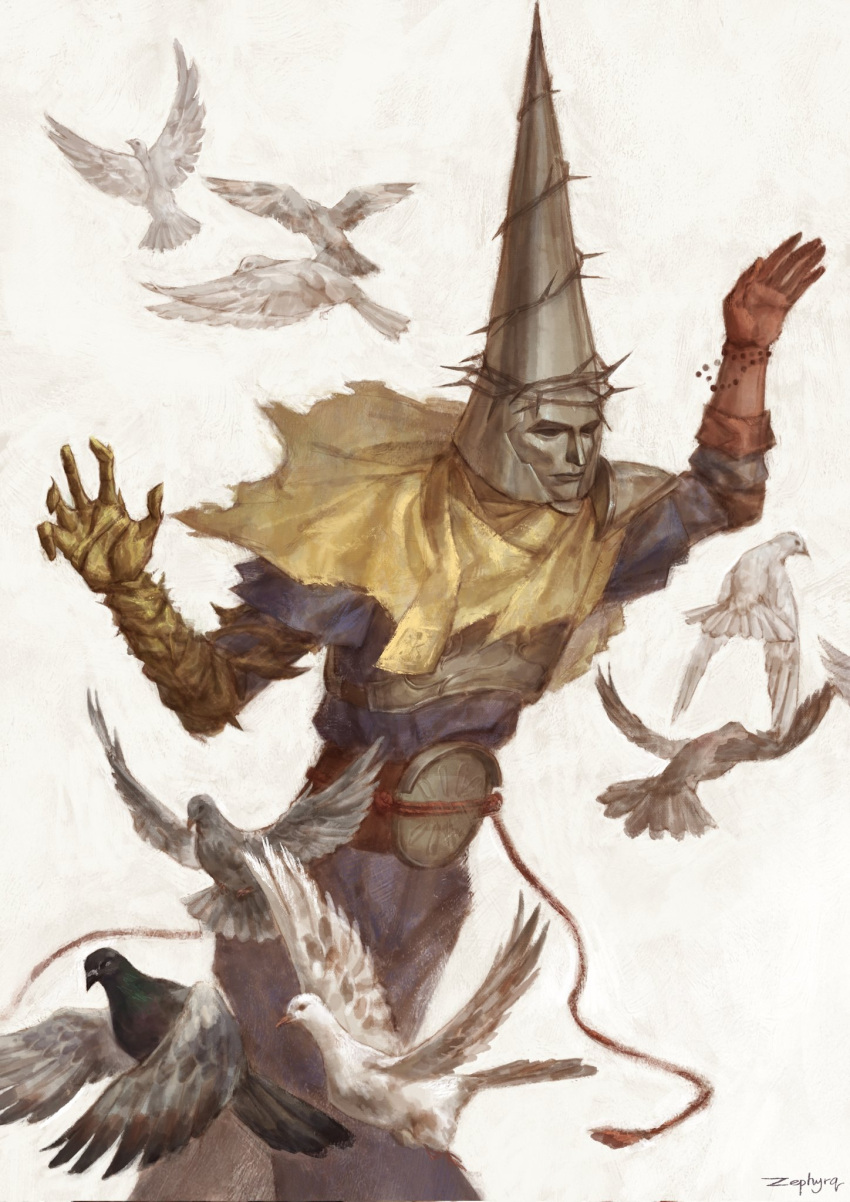 1boy, animal, armor, arms_up, artist_name, bird, blasphemous, breastplate