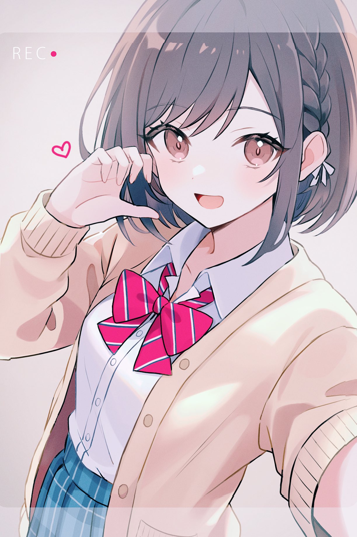 1girl, :d, blue_skirt, blush, bow, bowtie, braid, brown_cardigan