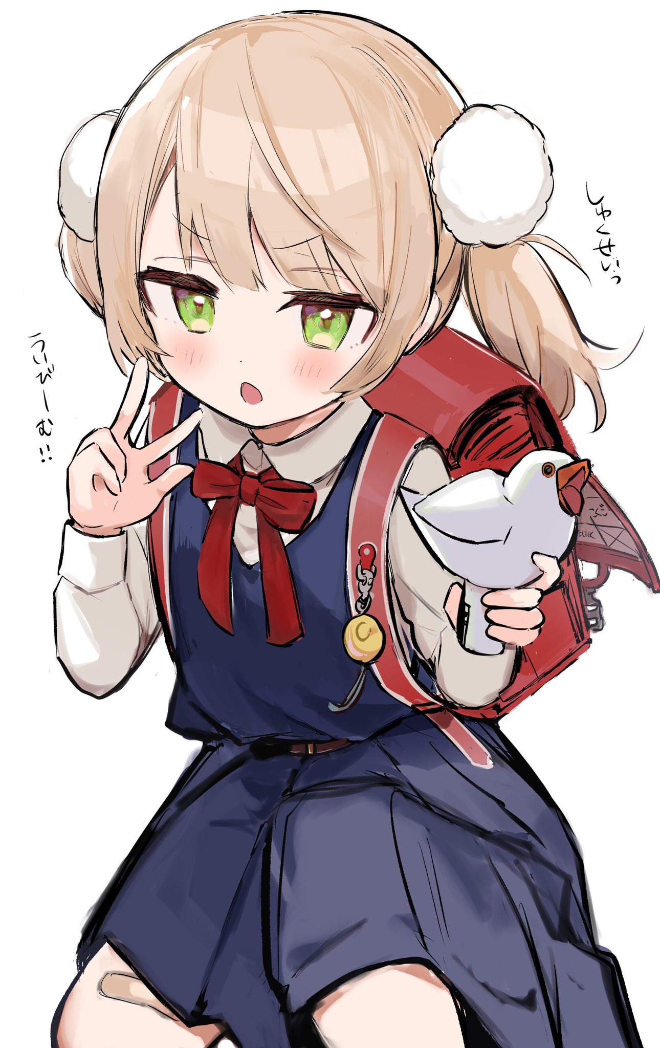 1girl, backpack, bag, bandaid, bandaid_on_knee, bandaid_on_leg, blonde_hair, blue_dress