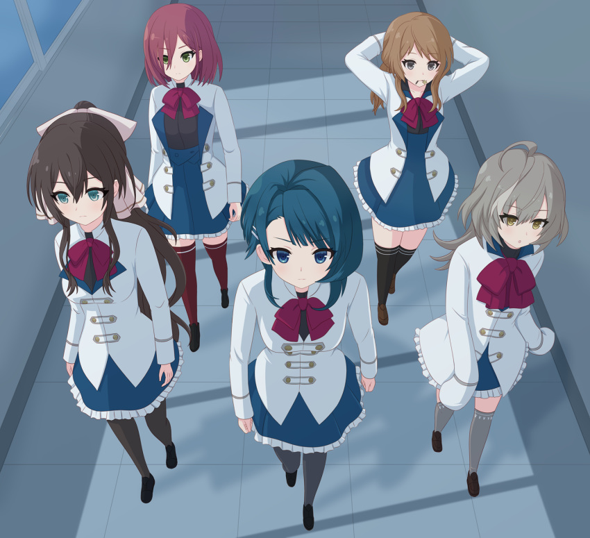 5girls, ahoge, aizawa_kazuha, aqua_eyes, arms_at_sides, arms_behind_head, arms_up, assault_lily