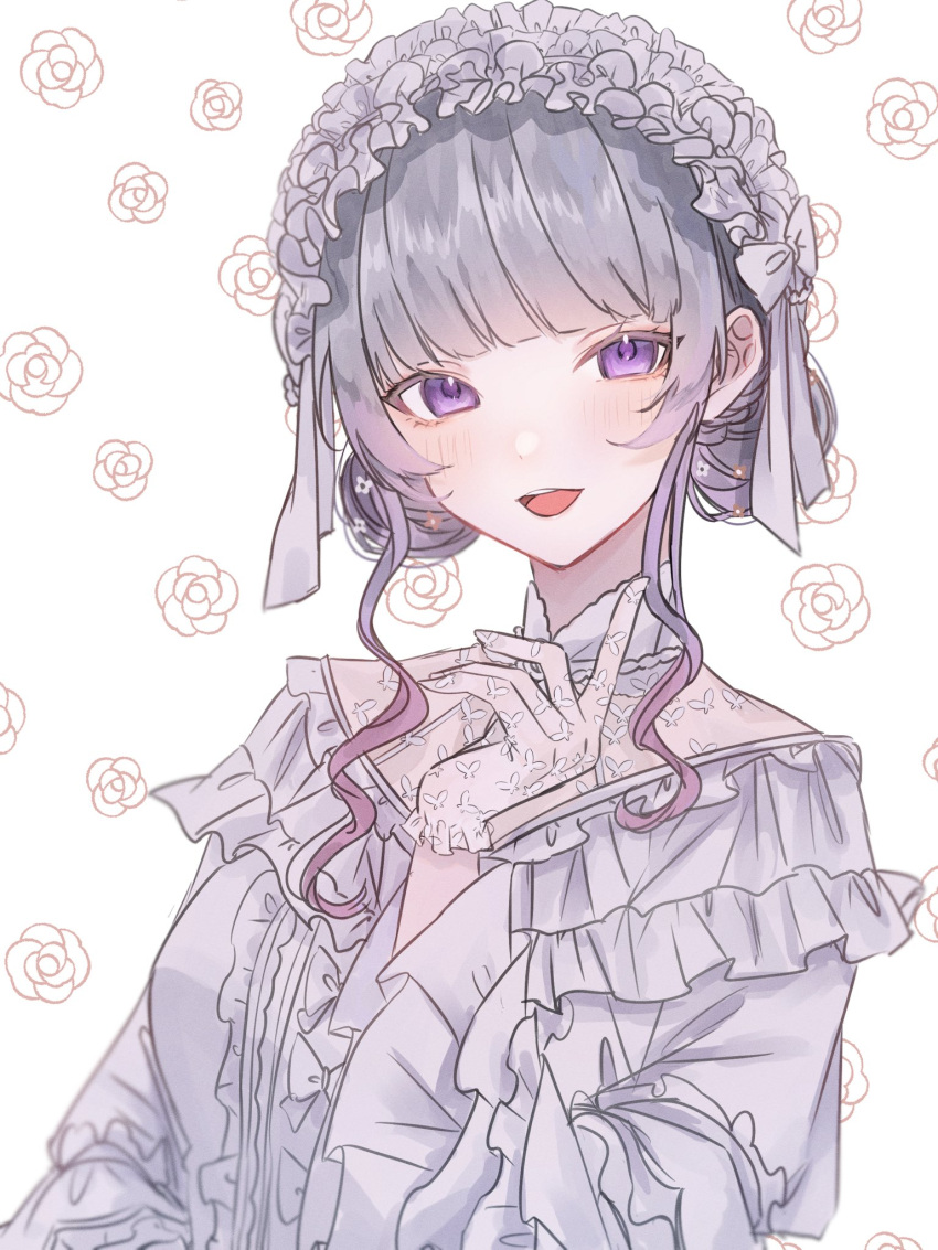 1girl, blunt_bangs, blush, center_frills, collar, double_bun, dress, floral_background, flower, frilled_collar, frilled_dress, frilled_hairband, frilled_sleeves, frills, gloves, gothic_lolita, gradient_hair, grey_hair, hair_bun, hairband, highres, higuchi_kaede, higuchi_kaede_(14th_costume), lace, lace_gloves, lace_trim, lolita_fashion, looking_at_viewer, maru_ru2020, multicolored_hair, nijisanji, official_alternate_costume, official_alternate_hairstyle, open_mouth, purple_hair, sidelocks, smile, solo, upper_body, violet_eyes, virtual_youtuber