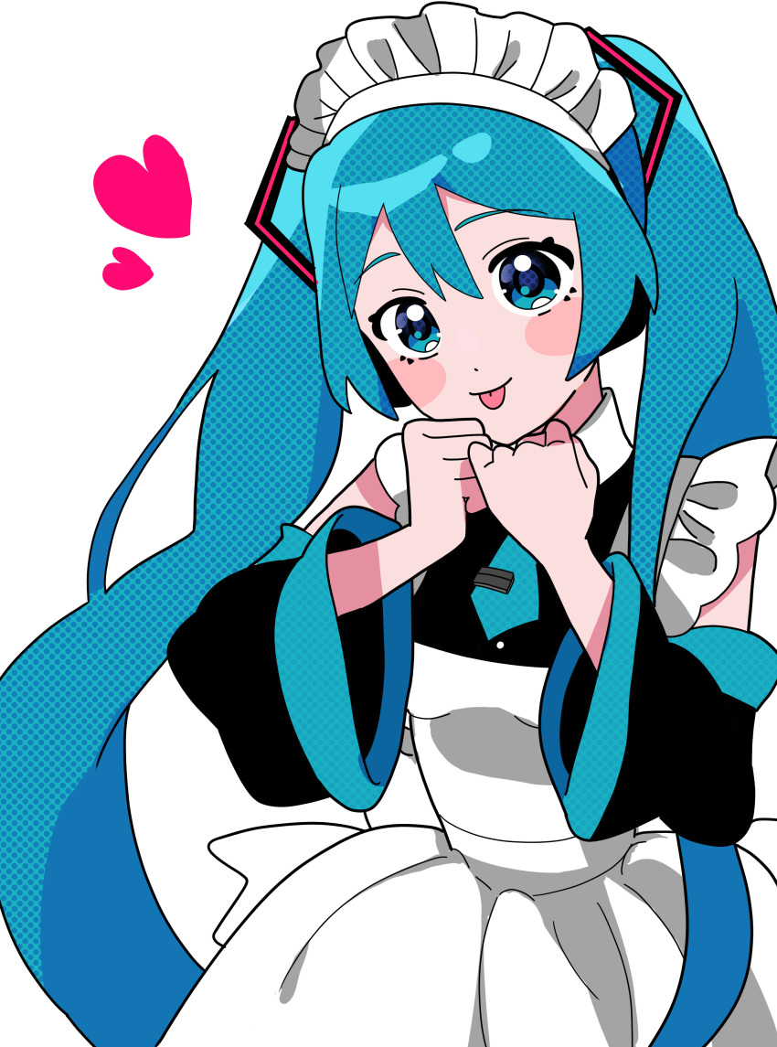 1girl, :p, absurdres, alternate_costume, apron, aqua_eyes, aqua_hair, blue_eyes