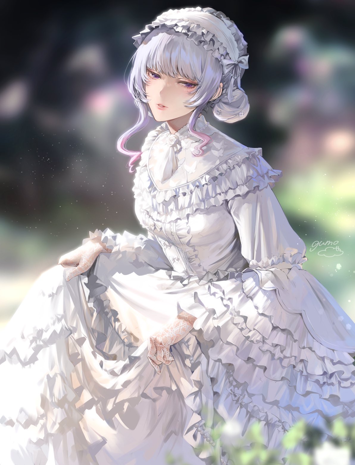 1girl, artist_name, ascot, blunt_bangs, blurry, blurry_background, depth_of_field, double_bun
