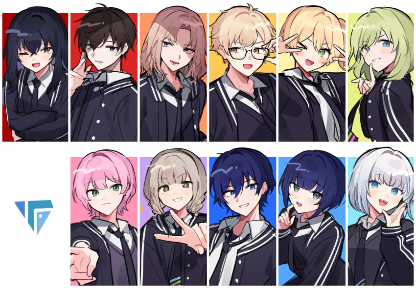 5boys, 6+girls, aokiri_mihono, black-framed_eyewear, black_eyes, black_hair, black_jacket, black_necktie, black_sweater_vest, blonde_hair, blue_eyes, blue_hair, braid, brown_eyes, brown_hair, collared_shirt, double_v, glasses, green_eyes, green_hair, highres, hiyama_ritsu, jacket, kuno_orihito, kusakabe_azusa, long_hair, meano_(vta), medium_hair, mikoshiba_jin, mikuni_otoha, multiple_boys, multiple_girls, necktie, nijisanji, one_eye_closed, onibushi_chihaya, open_mouth, parted_bangs, pink_hair, shirt, short_hair, side_ponytail, smile, sweater_vest, tachitsute_toto, tsuyuzaki_tsuyu, twin_braids, v, violet_eyes, virtual_talent_academy_uniform, waka_(wk4444), warabi_raika, white_hair, white_shirt