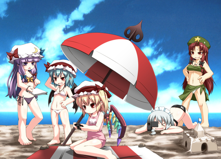 barefoot, bat_wings, beach, bikini, breasts, camera, cross, flag