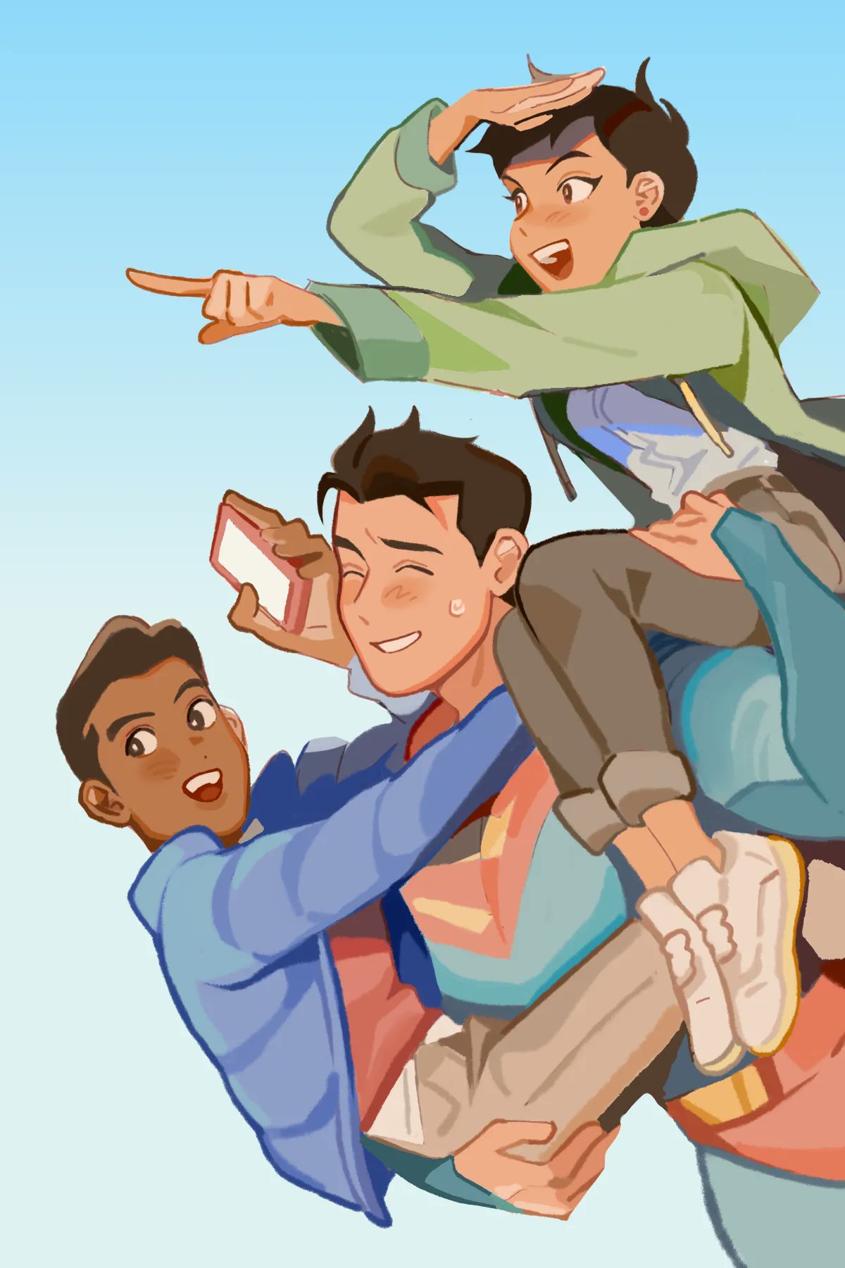 1girl, 2boys, ^_^, black_hair, black_pants, bodysuit, brown_eyes, carrying