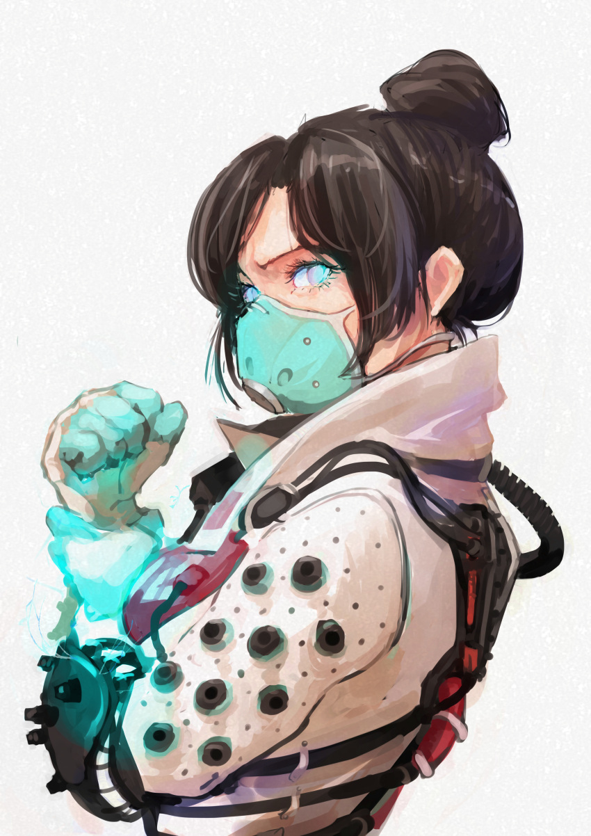 1girl, absurdres, animification, apex_legends, aqua_gloves, black_hair, blue_eyes, breasts