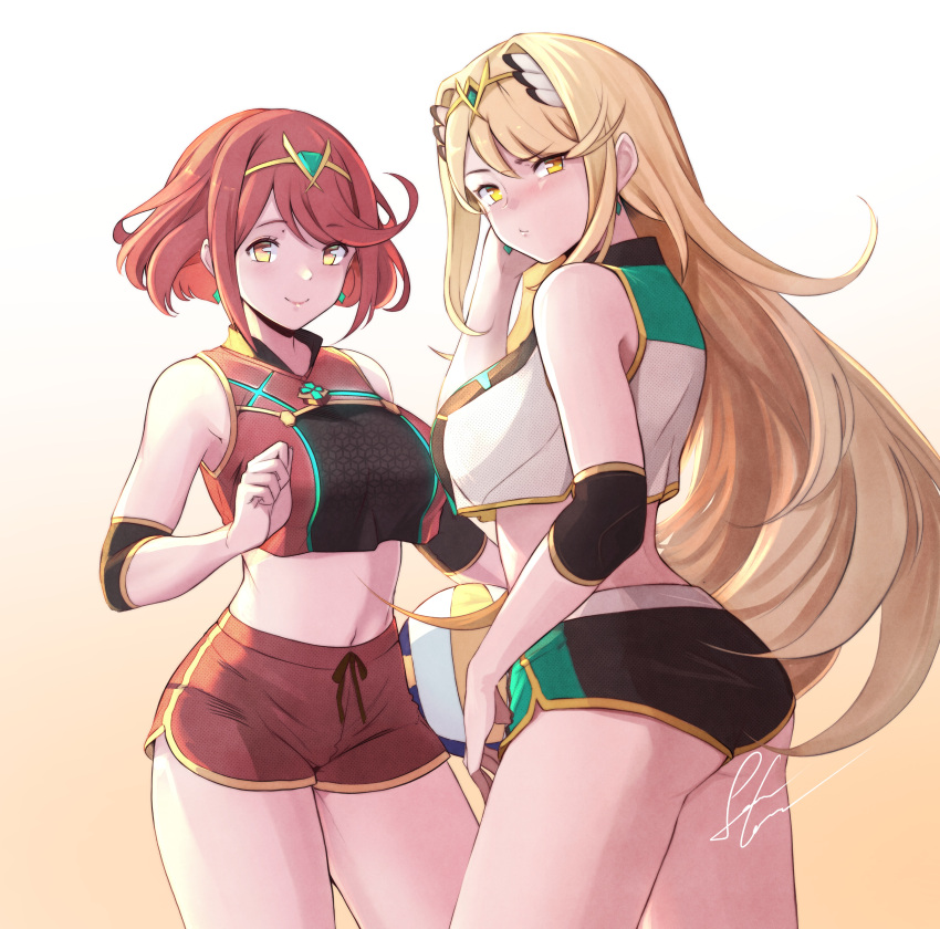 2girls, absurdres, alternate_costume, ball, bare_shoulders, blonde_hair, blush, breasts